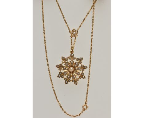 A VICTORIAN SEED PEARL PENDANT NECKLACE, the pendant of a floral design set with a central seed pearl and seed pearl surround
