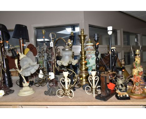 A GROUP OF TABLE LAMPS, twenty vintage and modern table lamps, including a ceramic lamp base with terrier figure, a floral vi