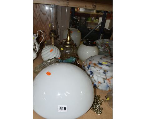A COLLECTION OF LIGHT SHADES, LAMPS AND LIGHT FITTINGS, seventeen largely vintage pieces to include three large ceiling shade