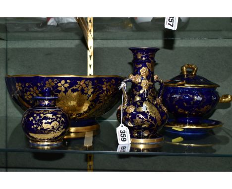A GROUP OF COBALT BLUE AND GILT MASONS IRONSTONE WARES, comprising a baluster vase with twin rope style handles and moulded f