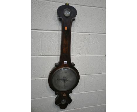 A VICTORIAN FLAME MAHOGANY WHEEL BAROMETER, signed W Horrod of 19 Yardley street, Wilmington, height 106cm (condition report:
