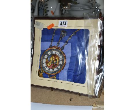 A HERMES SILK 'PARMI LES FLEURS' LADIES SILK SCARF, featuring a central clock surrounded by antique pocket watches, multicolo