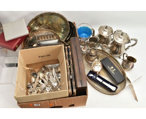 A BOX OF ASSORTED WHITE METAL, to include an 'Arthur Price' ladle, a 'Royal Worcester' cheese knife, a three piece tea, coffe