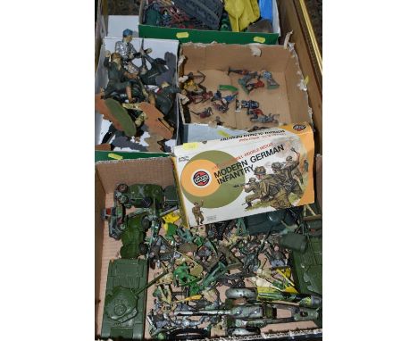 FOUR SMALL BOXES OF PLASTIC AND LEAD SOLDIERS AND VEHICLES, ETC, including ten Louis Marx plastic figures, approximately 12cm