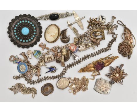 A BAG OF ASSORTED SILVER AND WHITE METAL JEWELLERY, to include a small gold plated cross pendant, a white metal curb link cha