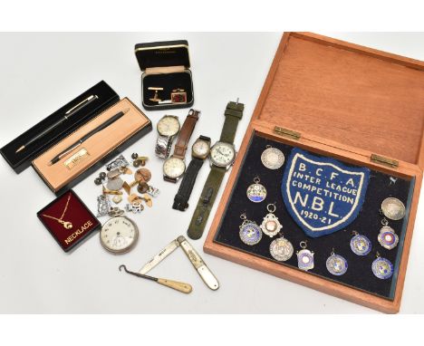 A BOX OF ASSORTED ITEMS, to include a wooden box with silver football fob medals, one stamped Sterling, the others all hallma