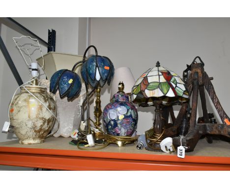 A GROUP OF SEVEN TABLE LAMPS AND A CEILING LIGHT FITTING AND TWO MATCHNG WALL LIGHTS, comprising a pair of bedside Tiffany st