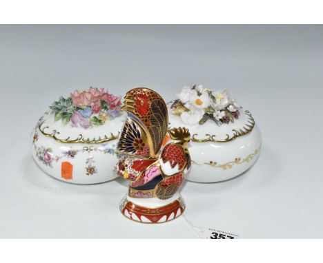 A ROYAL WORCESTER 'IMARI COCKEREL' CANDLE SNUFFER AND TWO ROYAL CROWN DERBY COVERED FLORAL BOXES, the candle snuffer from the