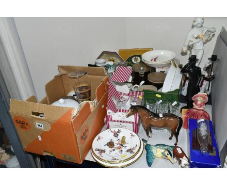 TWO BOXES AND LOOSE CERAMICS AND GLASS WARES, to include two boxed sets of Royal Albert crystal glasses, a Beswick Arab 'Bahr