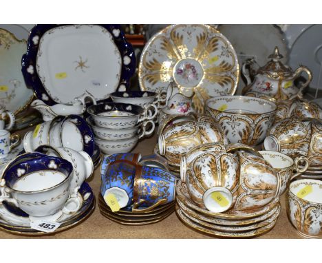 A VICTORIAN HAND PAINTED AND TRANSFER PRINTED PART TEA SET, registration mark for 1847, comprising eighteen cups, seventeen s