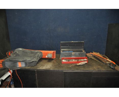 A FLYMO GARDEN VAC 1500 with collection bag (PAT pass and working), a toolbox containing tools and various saws