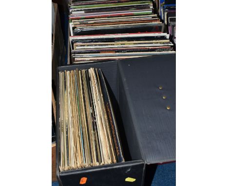 A BOX AND TWO CASES OF RECORDS, LPs, twelve inch and seven inch singles, artists to include Led Zeppelin, Metallica, Bob Dyla