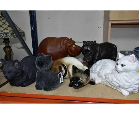 THREE LARGE CAT FIGURINES, comprising a ceramic Siamese cat, a black cat and long haired white cat, a novelty fury cat money 