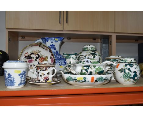 A GROUP OF MASON'S IRONSTONE, comprising 'Chartreuse' pattern covered sauce tureen with ladle, twin handled serving dish, a l
