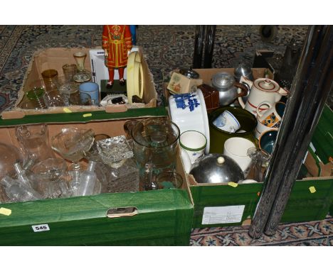 SEVEN BOXES OF ASSORTED GLASSWARE AND KITCHEN CROCKERY, ETC, including a small quantity of pub advertising ashtrays, a damage