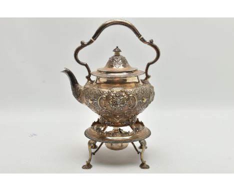 A VICTORIA I SILVER TEAPOT STAND AND SPIRIT KETTLE,  acanthus and floral detail with ivory insulators, hallmarked 'Walker &am