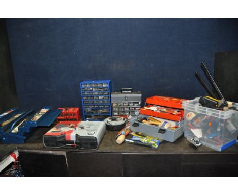 A COLLECTION OF TOOLS AND TOOLBOXES including an unopened Performance Rotary Hammer drill, hammers. files, mallets, etc