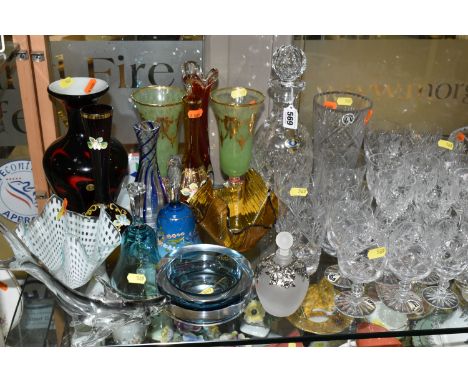 A COLLECTION OF GLASSWARE, COLOURED AND CLEAR, including Murano style baluster vase, Tutbury Crystal and Georgian Crystal of 