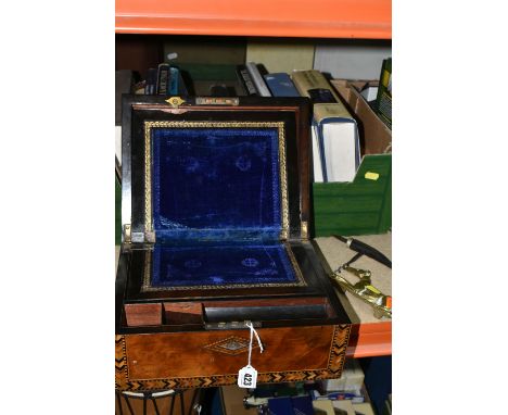 A BOX AND LOOSE WRITING SLOPE, BOOKS AND METAL WARES, comprising a domed topped writing slope with Tunbridge ware bands, kite