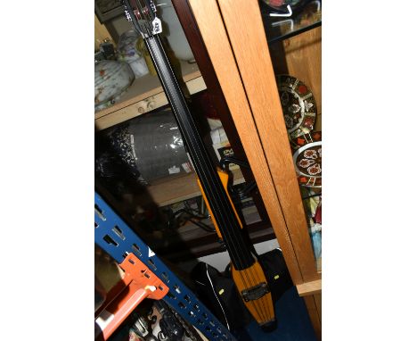 A STAGG ELECTRIC DOUBLE BASS, HDB200, active circuitry, ebonised neck and spike, slimline body, total height 160cm, with carr