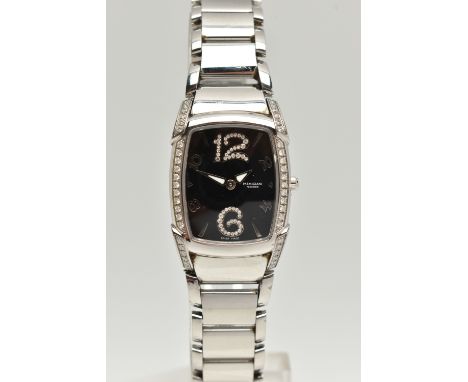 A BOXED QUARTZ STAINLESS STEEL PARMIGIANI FLEURIER KALPA PICCOLA DIAMOND SET WRISTWATCH, textured black dial set with diamond