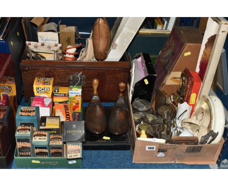 TWO BOXES OF MISCELLANEOUS SUNDRIES, to include a collection of vintage light bulbs in original boxes, a metal deeds chest, m