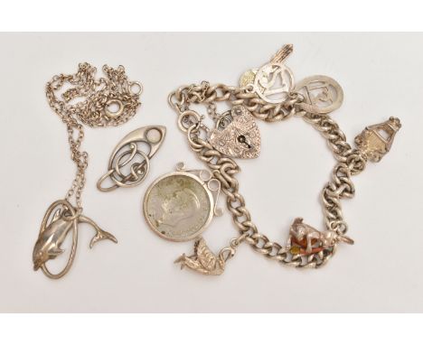 A CHARM BRACELET, TWO PENDANTS AND A CHAIN, the silver curb link bracelet, fitted with six charms in forms such as a Sixpence