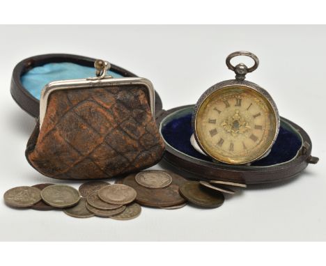 AN OPEN FACE POCKET WATCH AND ASSORTMENT OF COINS, key wound movement, floral dial, Roman numerals, approximate case width 38
