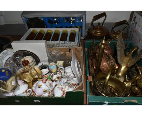 THREE BOXES AND LOOSE CERAMICS, GLASS AND METAL WARES, to include three copper and brass kettles, three brass duck figures, a