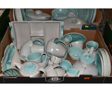 TWO BOXES OF POOLE POTTERY TWINTONE DINNERWARE IN ICE GREEN AND SEAGULL, approximately ninety five pieces, including two ture