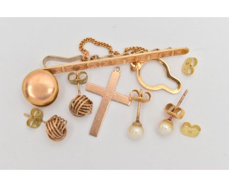 ASSORTED JEWELLERY, to include a yellow metal cross pendant, stamped 9ct, a pair of cultured pearl stud earrings, post and sc