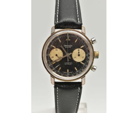 A CHROME PLATED HAND WOUND ORIOSA TWIN DIAL CHRONOGRAPH WRISTWATCH, black dial with discoloured subsidiary chronograph dials 