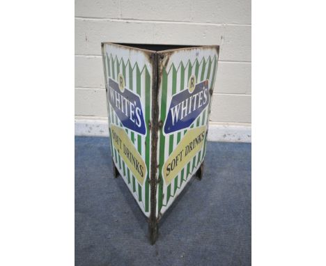 A VINTAGE ENAMEL TRIANGULAR LITTER BIN, advertising signs reading R WHITE'S SOFT DRINKS, diameter 46cm x height 74cm (conditi