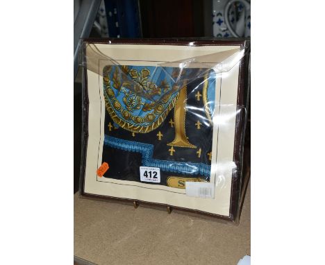 A HERMES SILK 'SELLES AU HAUSSE' LADIES SCARF DESIGNED BY CHRISTIANE VAUZELLES, featuring equestrian motifs in shades of blue