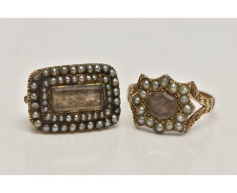 A VICTORIAN MOUNRING RING AND A BROOCH, the ring set with a weaved hair insert to the centre in a surround of split pearls, t