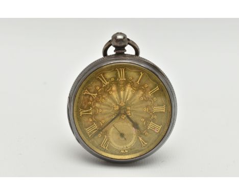 A SILVER CASED OPEN FACE POCKET WATCH, key wound movement, Roman numerals, subsidiary dial at the six o'clock position, appro