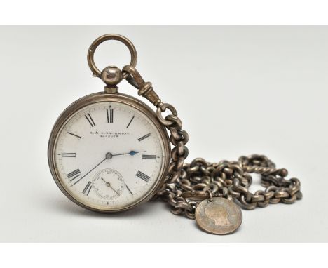 A SILVER OPEN FACE POCKET WATCH AND ALBERT CHAIN, key wound open face pocket watch, white dial signed 'R &amp; G Drummond, Gl