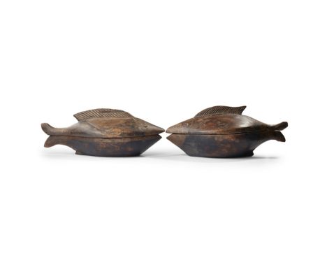 PAIR OF LOZI BOWLS ZAMBIA longest 37cmcarved wood, a pair of lidded recepticles in the form of fish, with raised fins, ring e