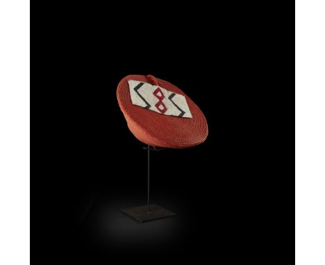 ZULU HAT, ISICHOLO SOUTH AFRICA 36cm diametervegetal fibre, cord, ochre and beads, a ring-shaped base with flaring top adnorn