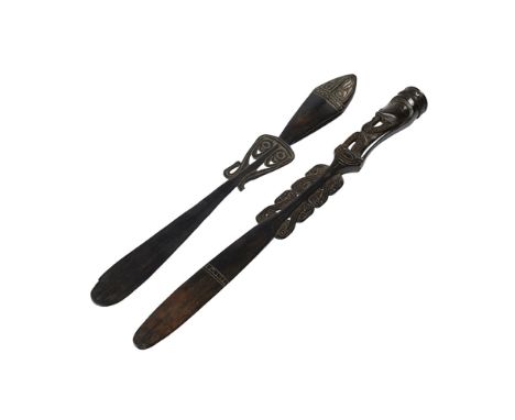 PAIR OF MASSIM LIME SPATULAS EAST NEW GUINEA longest 35cmcarved wood, one figural example with a mortar finial top, with the 