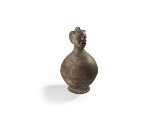 LUBA CONTAINER DEMOCRATIC REPUBLIC OF CONGO 34cm tallpottery, sitting on a ring base, the body of globular form with short ne
