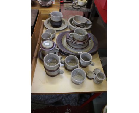 A collection of stoneware mostly table ware, modern and pair of scoop scales, vases etc 