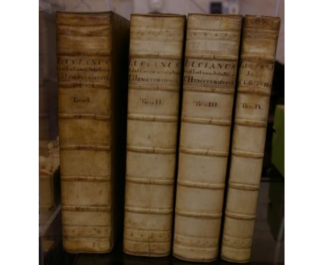 A first edition copy of Luciani Samosatensis (Lucian of Samosta) Opera, 3 volumes plus index, 1743, text in Greek and Latin, 