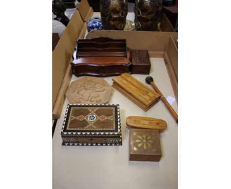 A mahogany Victorian style desk tidy, a cribbage box with an inlaid top, a gong beater and five other items