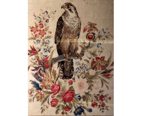 A mid 19th century tapestry: a Falcon perched on a branch with many flowers, 69cm x 52cm . F&G