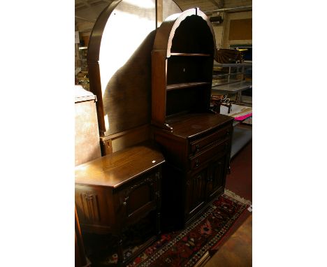 An oak narrow arch top dresser with open shelf back (77cm wide) and a similar shaped side table