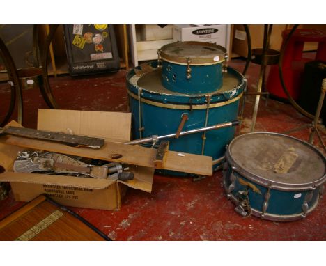 Assorted vintage instruments, to include drums, table harp and Rosedale electronic chord organProvenance: from the estate of 