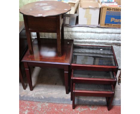 A nest of table with smoke glass tops, a similar coffee/lamp table and a 1940's sewing table with shaped top (5)