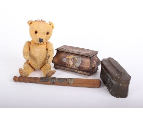 A truncheon with four Auction mountain plaques two tins, a vintage teddy bear (play worn) and a small quantity of costume jew