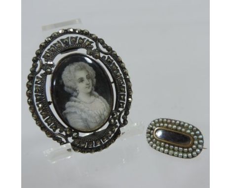 English School, 18th century, a half-length portrait miniature, of a lady in a white dress, on ivory, 3.5 x 3cm, set in a Geo